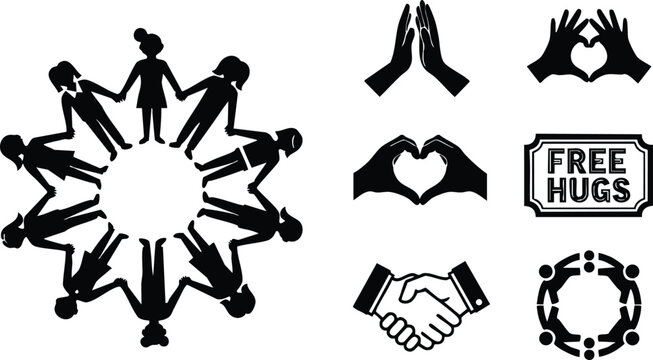 Flat design icon set showing silhouetted people holding hands in a circular formation with handshake heart hands praying hands and free hugs sign black minimalist vector