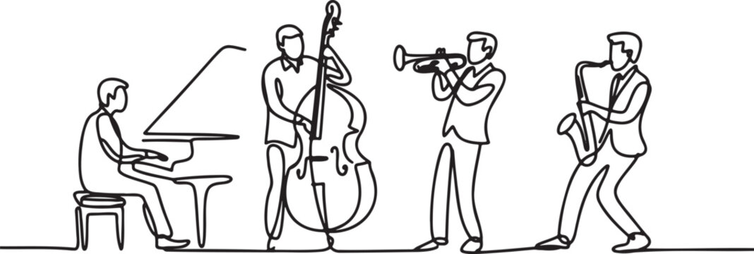 One line drawing of jazz band playing musical instruments on transparent background