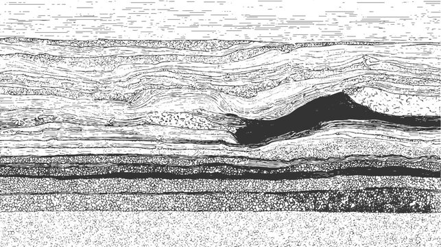 Black and white cross section of geological strata with wavy lines and granular textures geology layers 