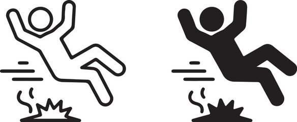Icon of a Person Slipping and Falling with Motion Lines and Debris in Outline and Solid Black accident on transparent background
