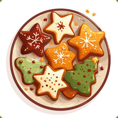 Vector illustration of a plate with assorted Christmas cookies in star and tree shapes, decorated with icing, isolated on a white background