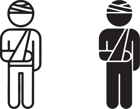 Injured Person Icon Line Art and Silhouette with Arm Sling woman patient on transparent background
