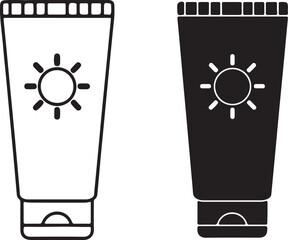 Sunscreen Tube Icon In Outline And Silhouette With Sun Symbol lotion cream on transparent background