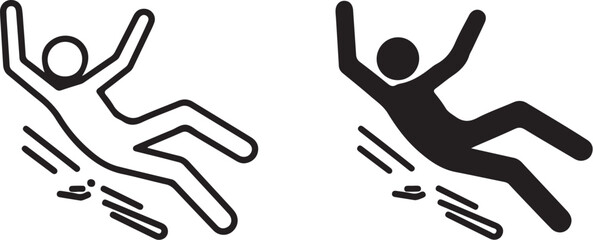 Two falling person icons one outlined and one solid black on a white background slip slide on transparent background