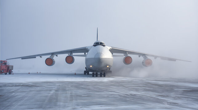An aircraft sits on a snow-covered runway shrouded in fog. The plane has a large wingspan, with visible turbines and landing gear. - Powered by Adobe