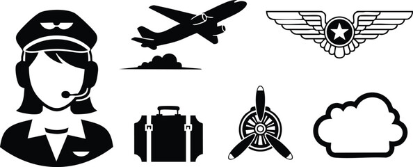 Flat design aviation icon set showing female pilot avatar side profile wearing cap and headset with airplane silhouette propeller suitcase wings badge monochrome vector and cloud