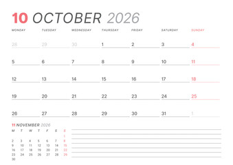 October 2026 monthly planner calendar template, week starts on Monday. Minimalist vector illustration for web, print. Modern, simple schedule organizer, printable page for business and personal use