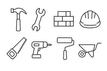 Fototapeta premium Construction tools set: hammer, wrench, bricks, hard hat, saw, drill, paint roller, wheelbarrow