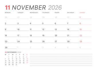 November 2026 monthly planner calendar template, week starts on Monday. Minimalist vector illustration for web, print. Modern, simple schedule organizer, printable page for business and personal use