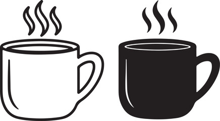 Two steaming coffee mugs one outlined and one solid black on a white background vector illustration on transparent background