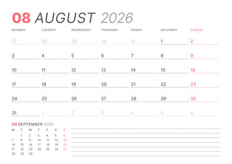 August 2026 monthly planner calendar template, week starts on Monday. Minimalist vector illustration for web, print. Modern, simple schedule organizer, printable page for business and personal use