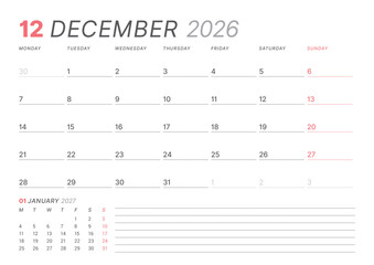 December 2026 monthly planner calendar template, week starts on Monday. Modern vector illustration for web and print. Clean, simple schedule organizer, printable page for business or personal agenda