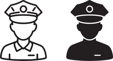 Two Stylized Icons of a Police Officer in Uniform One Outline and One Solid Black on White Background Keywords: police officer, law enforcement, icon, symbol, uniform, cap, on transparent background