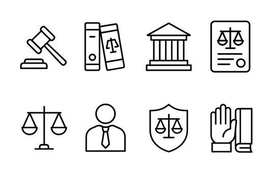 Set of legal icons featuring gavel, law books, courthouse, scales, lawyer, justice shield, and oath