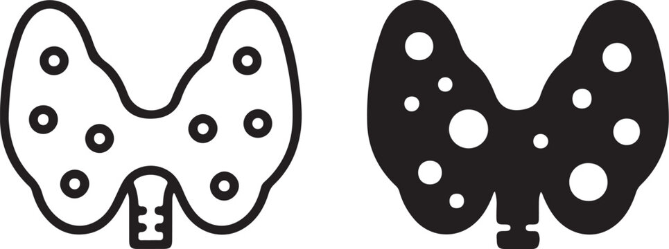 Two Stylized Icons of the Thyroid Gland One Outline and One Solid Black with Dots on White Background Keywords: thyroid, gland, endocrine system, anatomy, medical, health, on transparent background