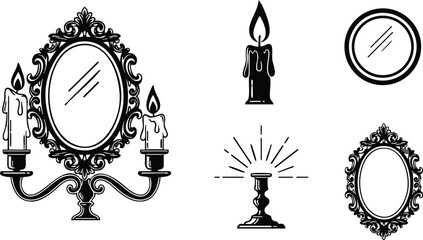 Line art ornate baroque mirror with three candles close up front view dripping wax decorative frame round and oval mirror black silhouette vector icon set collection