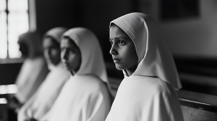 Black and white portrait of young people wearing headscarves, exuding a sense of serenity and contemplation in a communal setting. The image highlights their shared devotion and faith.