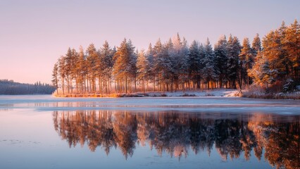 Snowy Forest by Frozen Lake