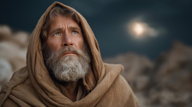 Moses resting on the cold slope of Mount Sinai at night beside the faintly glowing tablets as the last traces of God&rsquo;s presence linger above the moonlit peak.