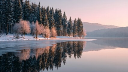 Snow Covered Pines by Icy Water