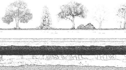 Black and white cross section illustration of soil layers with grass and water vector 
