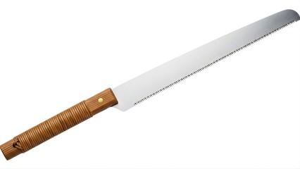 Sharp steel bread knife with wooden handle isolated on white background
