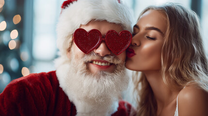 Santa Claus in Glitter Sunglasses Shaped Like a Hearts Being Kissed on the Cheek by Young Woman, Festive Christmas Scene with Playful Holiday Vibes.