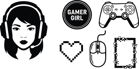 Pixel art retro gaming icon set showing female gamer with headset looking at camera holding controller and mouse heart pixel frame monochrome minimal flat vector illustration