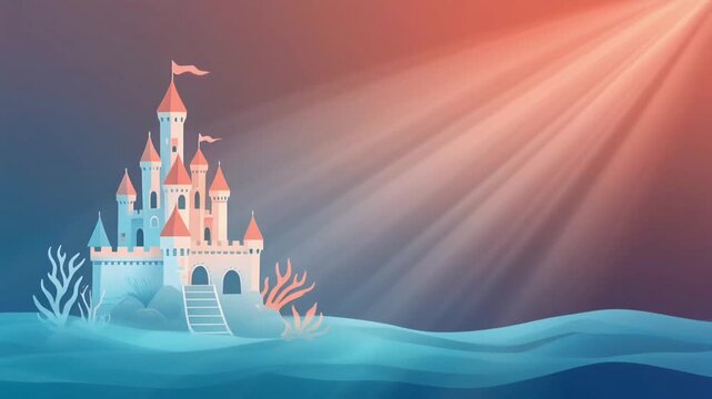 Fantasy illustration of a distant castle illuminated by soft sunlight rays, layered environment and gentle colors creating a dreamy storybook atmosphere.