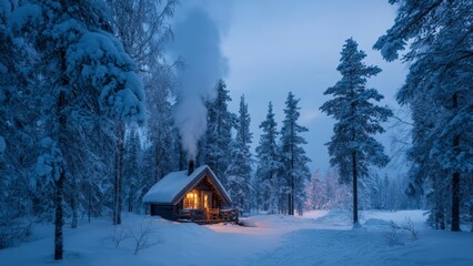 Cozy Wooden Cabin in Winter Night
