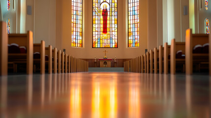 A tranquil church interior, showcasing wooden pews reflecting light from stained glass windows, creating a serene atmosphere for worship and contemplation, bathed in soft light.