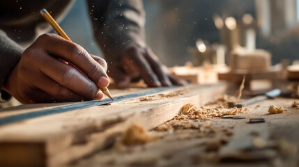 Carpenter marking precise measurements on wooden plank with pencil and ruler