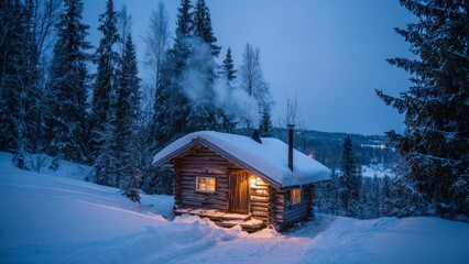 Warm Cabin Light in Cold Winter Forest