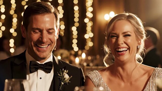 Happy couple laughing and smiling at a formal event with warm string lights in the background