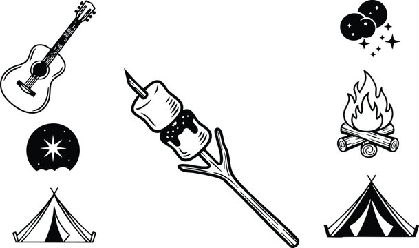Line art close up camp icon set marshmallow on stick roasting over campfire tent guitar stars moon and bonfire sketch icons minimalist black ink hand drawn