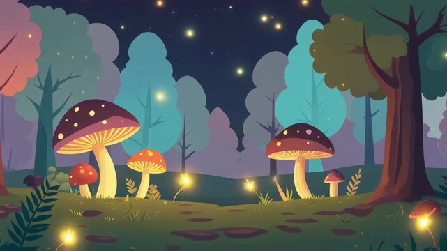 Fantasy forest illustration featuring glowing mushrooms under a night sky, vibrant colors and soft lighting creating a magical woodland atmosphere.