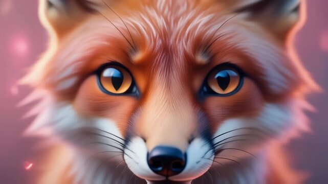 A fox face with expressive eyes, warm fur textures highlighted by soft lighting, set against a neutral blurred background creating an intimate wildlife portrait.