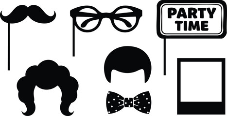 Flat design party photo booth prop set with mustache stick glasses stick bow tie wig and polaroid frame with party time sign in black silhouette vector