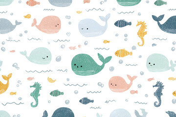 Cute sea life pattern with smiling whales and marine creatures for kids design