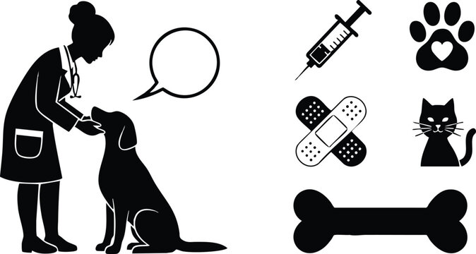 Flat design kneeling veterinarian looking at dog giving vaccination and care icons set with cat bone syringe bandage paw symbol close up side view clinic friendly