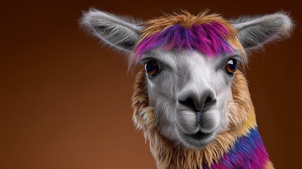 Obraz premium A colorful llama with pink, blue, and yellow hair. The llama has a big, curious look on its face