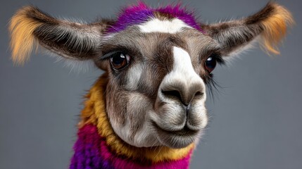 Obraz premium A camel with a purple and yellow scarf around its neck. The camel has a very cute and friendly expression