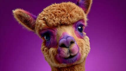 Obraz premium A cute animal with purple paint on its face. The animal is a llama. The purple paint gives the llama a unique and playful appearance