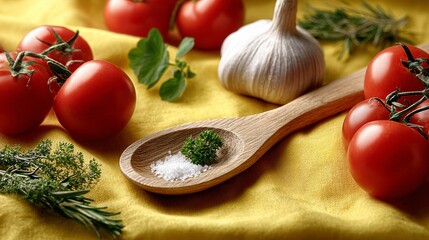A wooden spoon is on a yellow cloth with a bunch of tomatoes and herbs. The spoon is filled with salt and parsley
