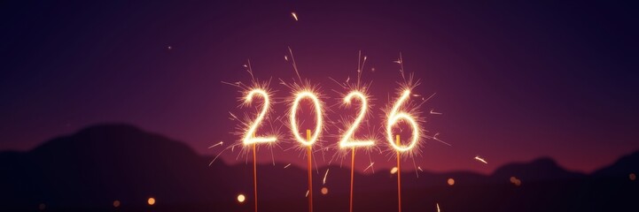 sparkling fireworks illuminate the year "2026," symbolizing celebration and hope for the future against a twilight backdrop.