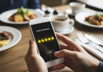 Mobile Online Reviews Screen with Five-Star Rating Above Restaurant Table