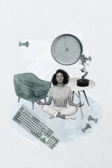 Banner image zine art pop trend collage of happy businesswoman stand office supplies table dry tree alarm clock computer keypad