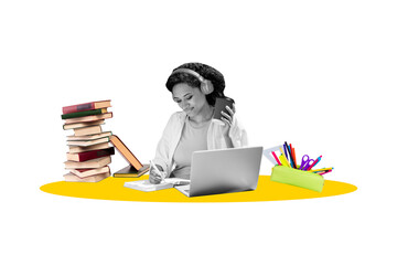 Fototapeta premium Full image pop photo collage of happy student girl wear headphones write homework book education distance learning laptop