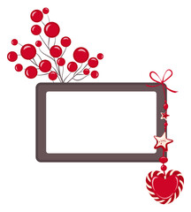 Vector holiday frame with copy space. Horizontal layout is decorated with New Year's decor and sprig of red berries. Blank, isolated photo frame mockup with red decor on rope.