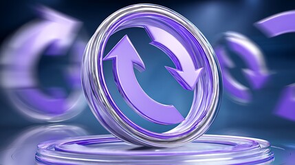 A 3D purple and silver arrow icon on a stage with other blurry arrows